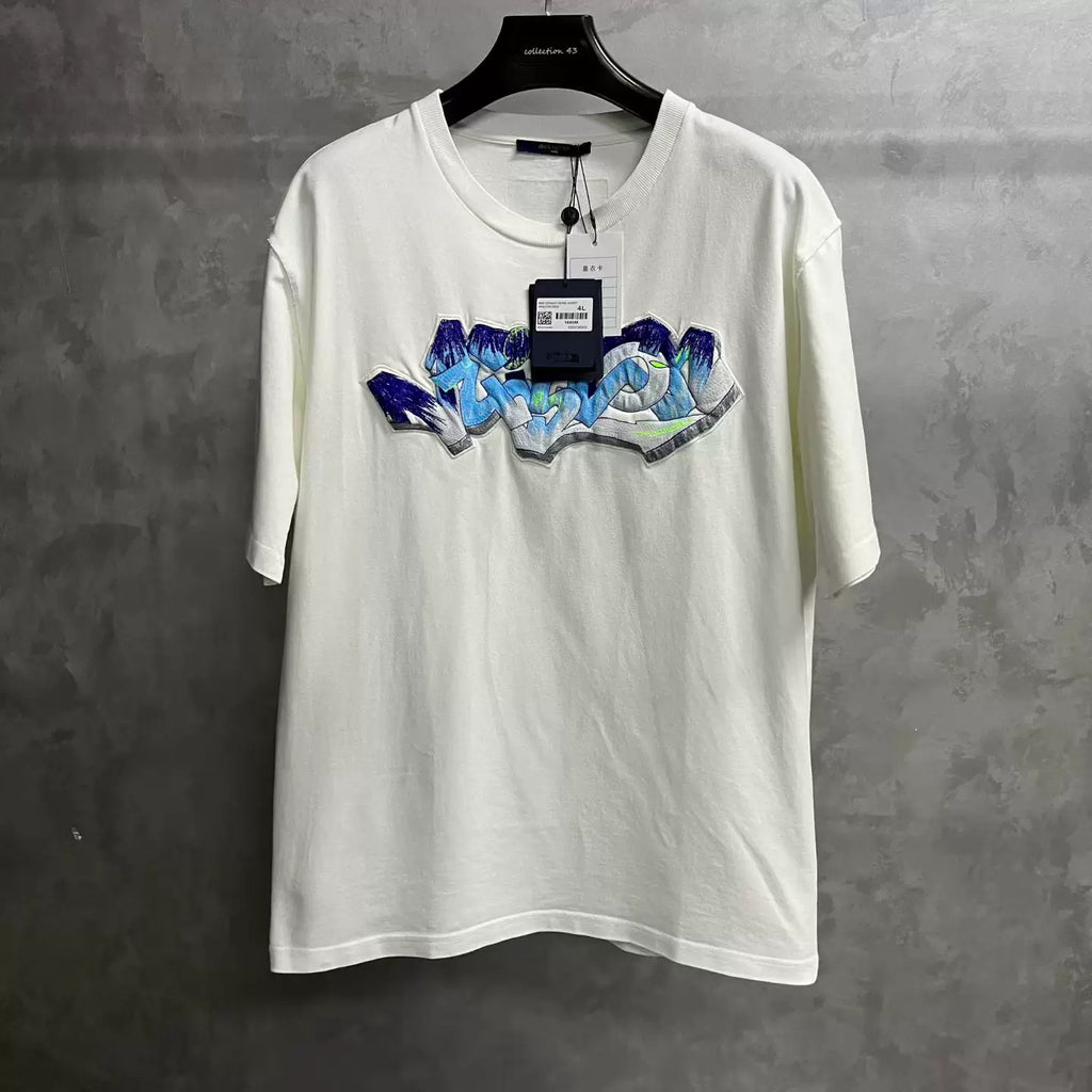 Louis Vuitton White Letter Graffiti Embroidered Short Sleeve T-Shirt