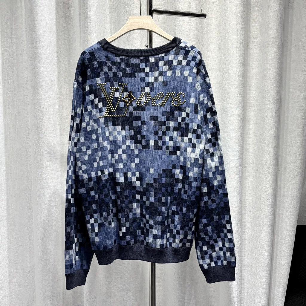 Louis Vuitton Long Sleeve Knit Checkerboard Studded Logo Embroidered Logo Cotton Navy Hoodie