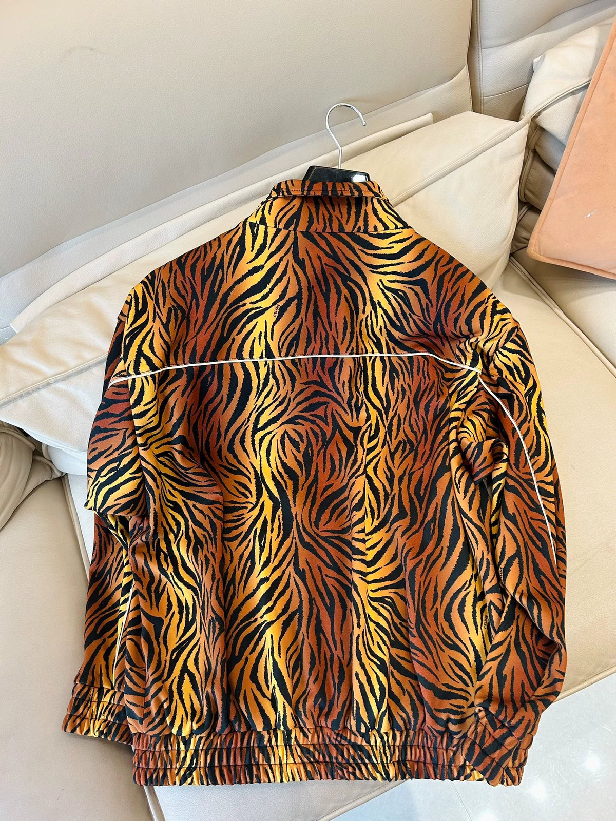 Celine Tiger Leopard Print Stand-Collar Zip-Up Knit Jacket