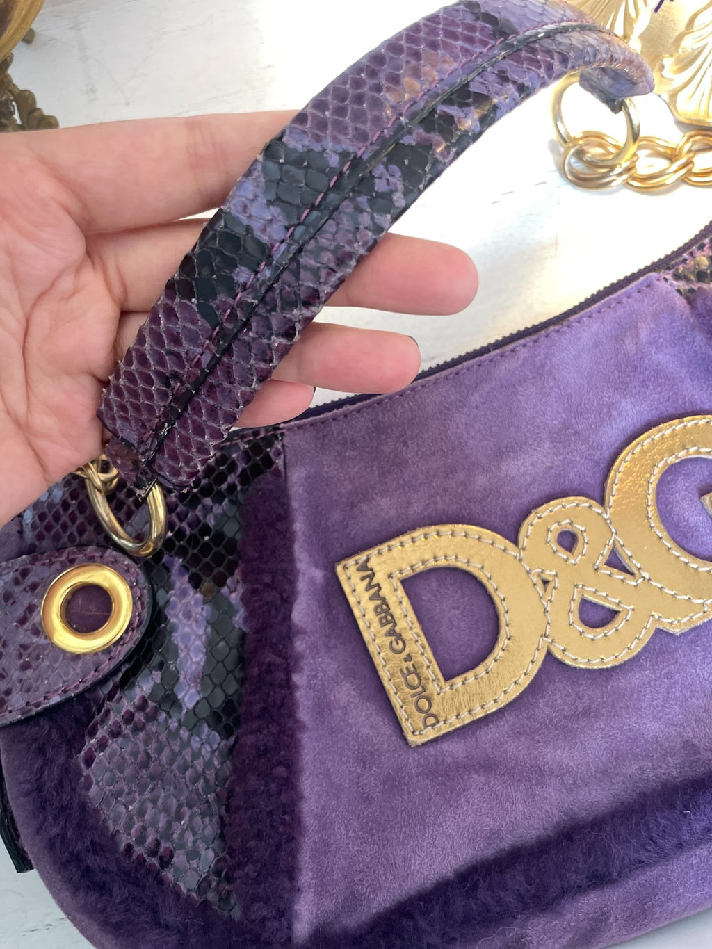 Dolce & Gabbana D&G Du Jia Ban Na purple snake pattern fuzzy patchwork secondhand bag