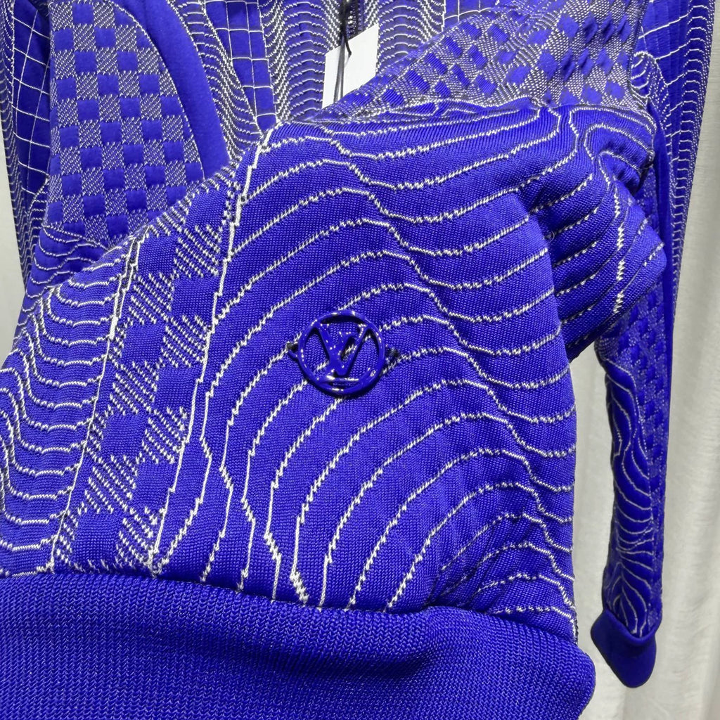Louis Vuitton Striped Embroidered Checkerboard Stand Collar Cotton Blue Jacket