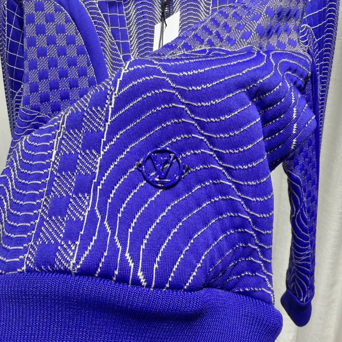 Louis Vuitton Striped Embroidered Checkerboard Stand Collar Cotton Blue Jacket