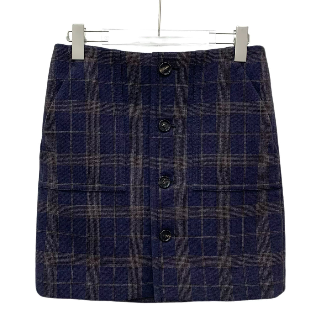 Bottega Veneta Color-Block Plaid Cotton Single-Breasted High-Waist A-Line Mini Skirt