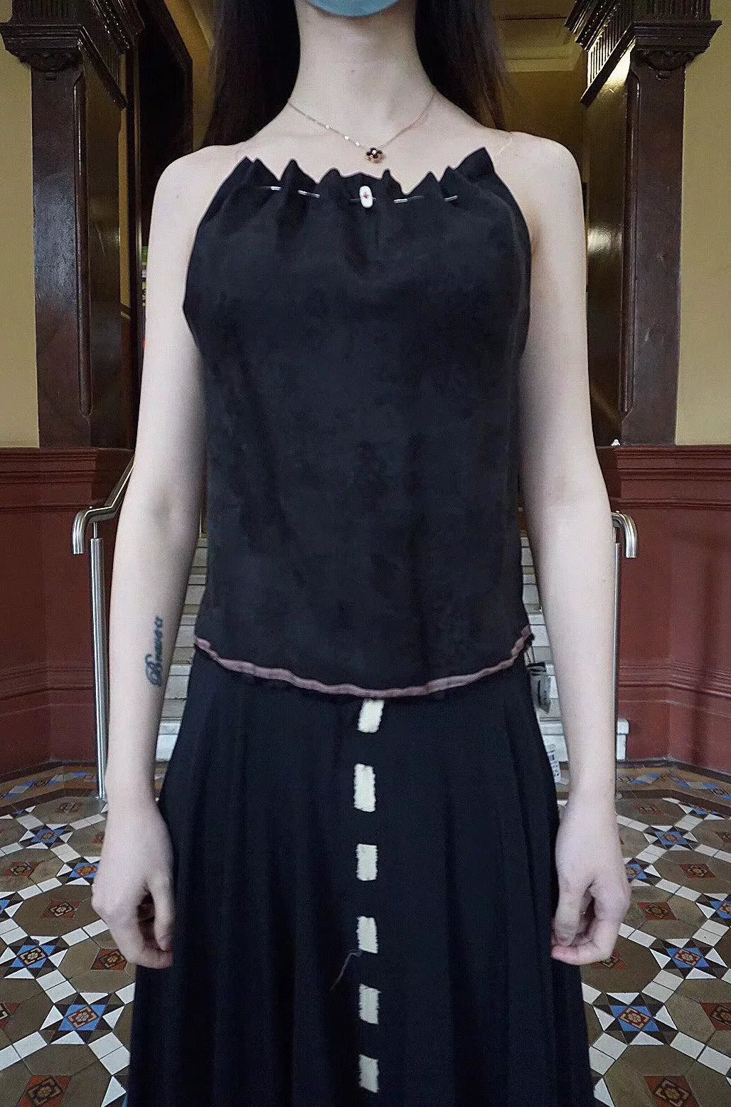 M.a+ SS20 Black Silver Shoulder Lace Pleated Cupro Top