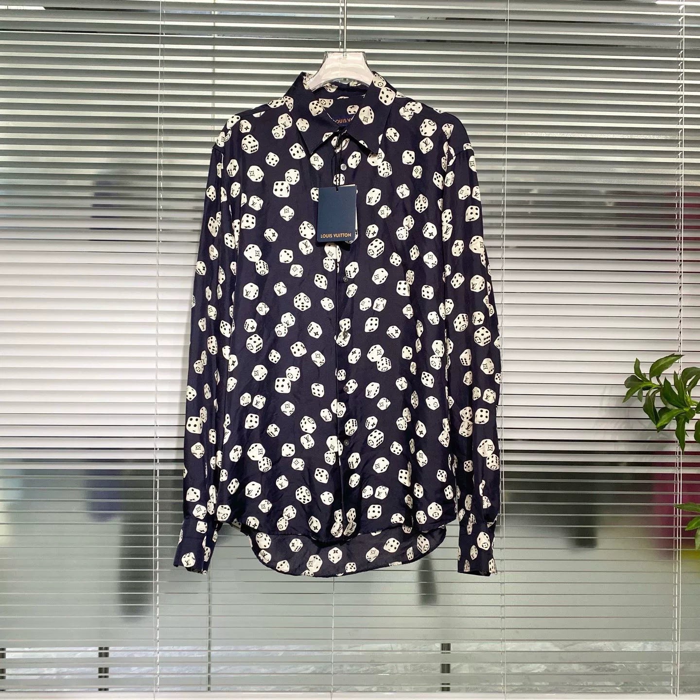 Louis Vuitton Long Sleeve Monogram All-Over Print Button-Front Silk Navy Shirt