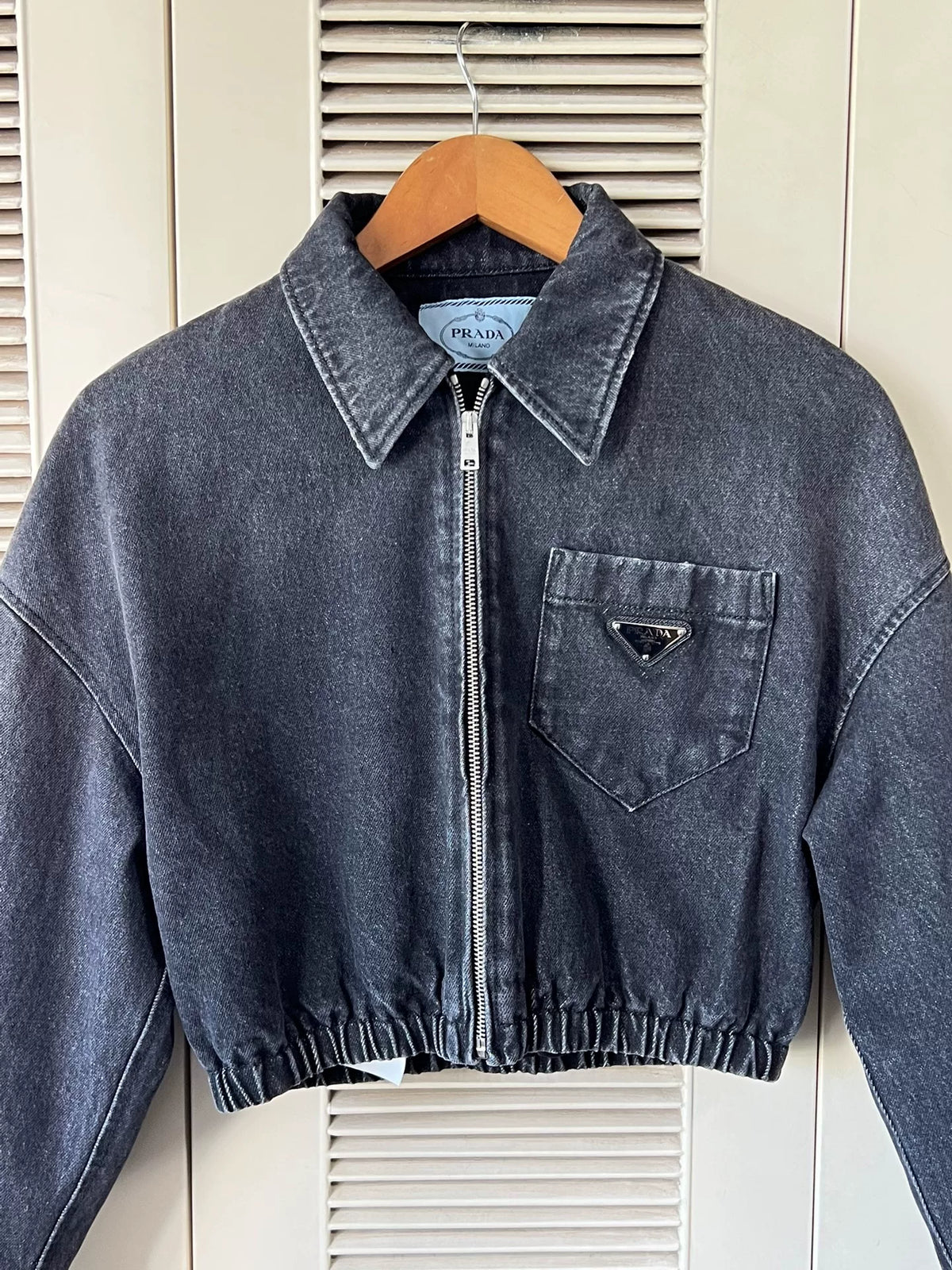 Prada Gray Denim Triangle Logo Jacket