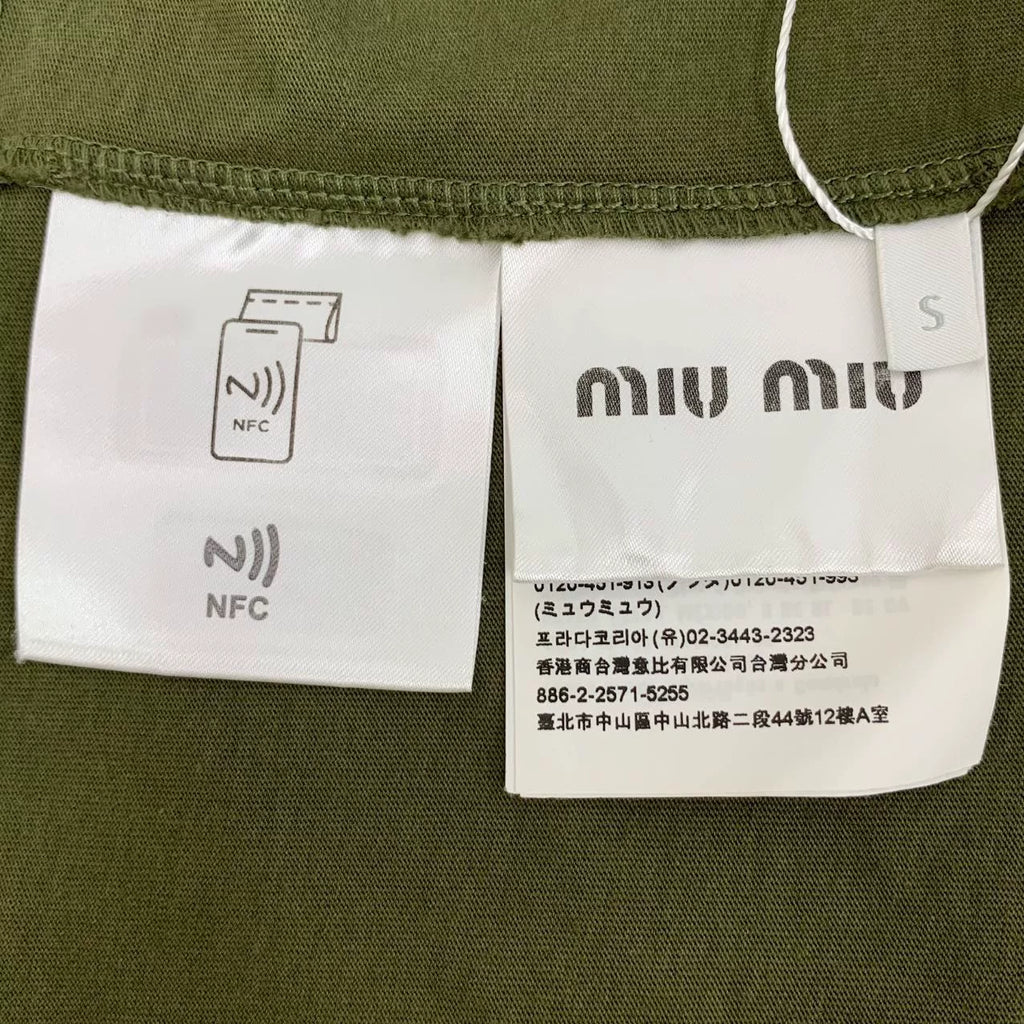 Miu Miu Olive Logo Letter Embroidered Cotton Crew Neck Short Sleeve Top