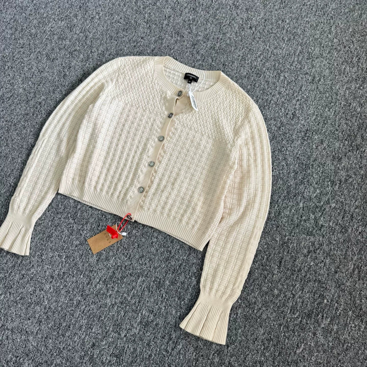 Chanel Off-White Waffle Diamond Knit Cardigan