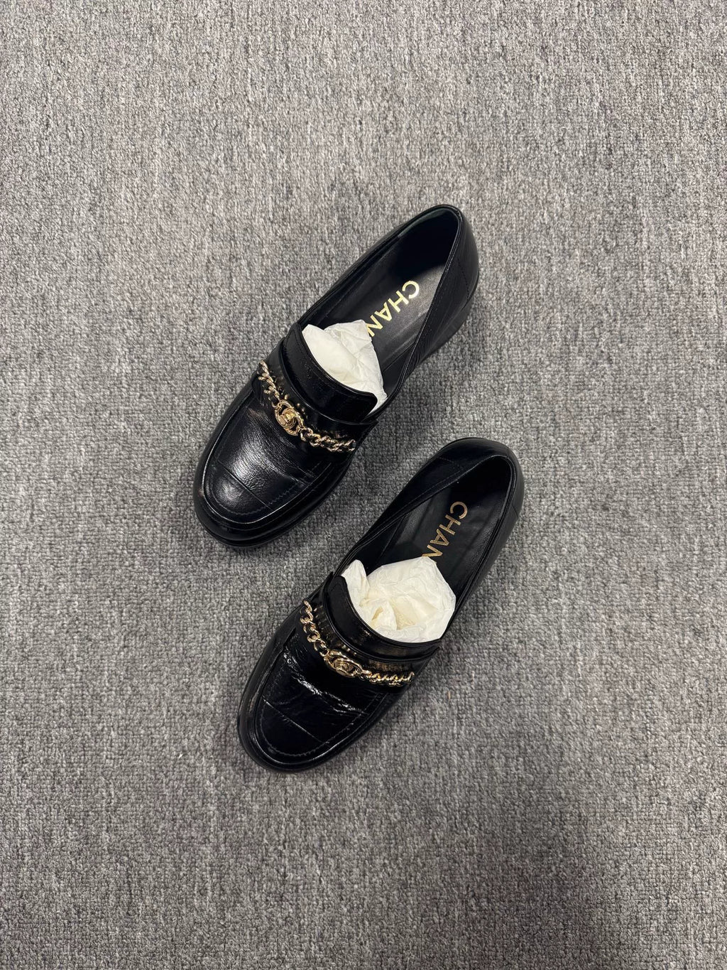 Chanel Black Gold Patent Leather Loafers