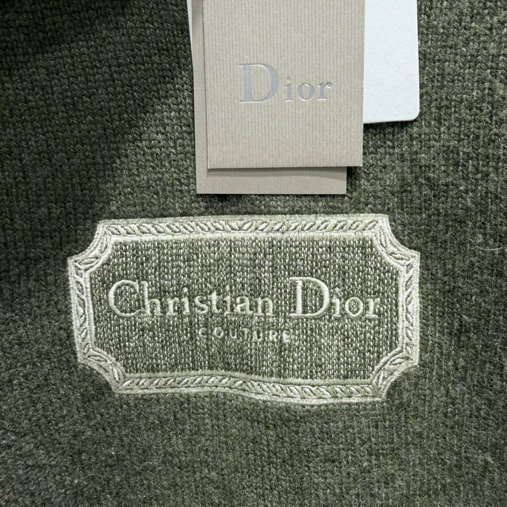 Dior Olive Slogan Embroidered Logo Ribbed Collar Cashmere Sweater