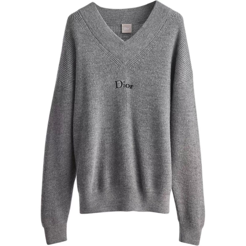 Dior SS26 Grey Embroidered Letter V-Neck Wool Alpaca Knit Sweater