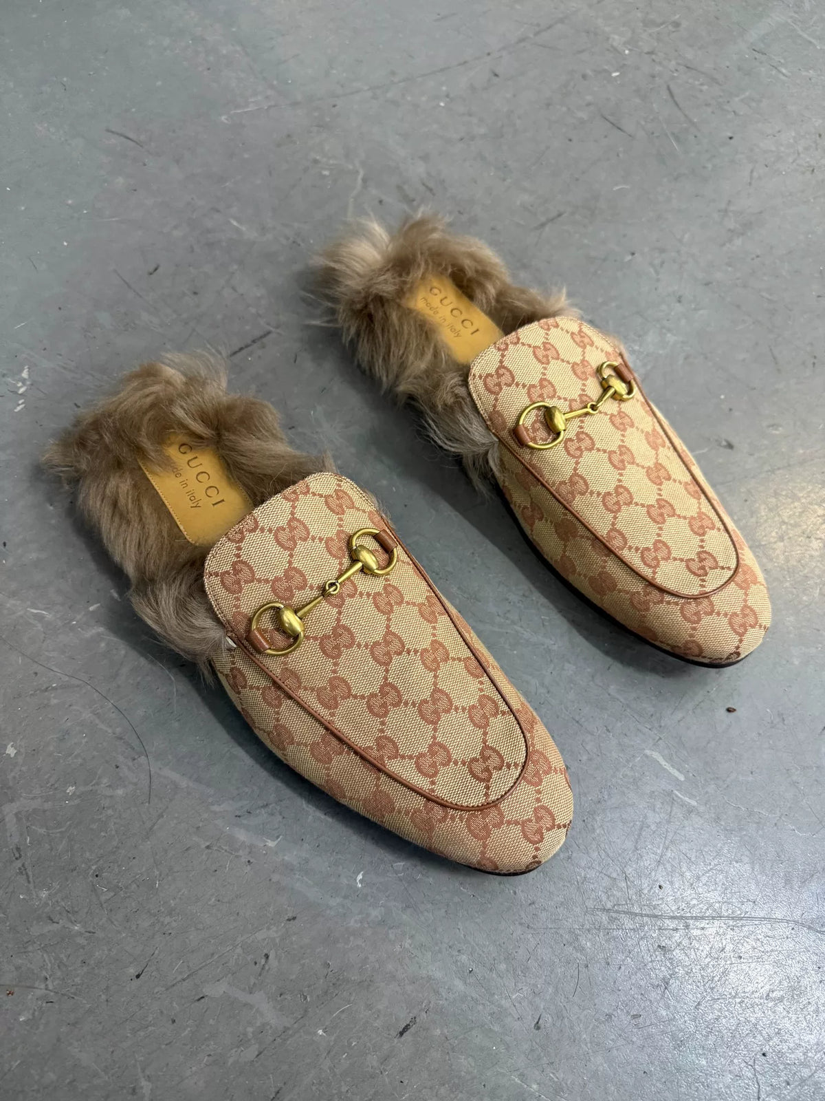 Gucci All-Over Print Embroidered Fur Slides