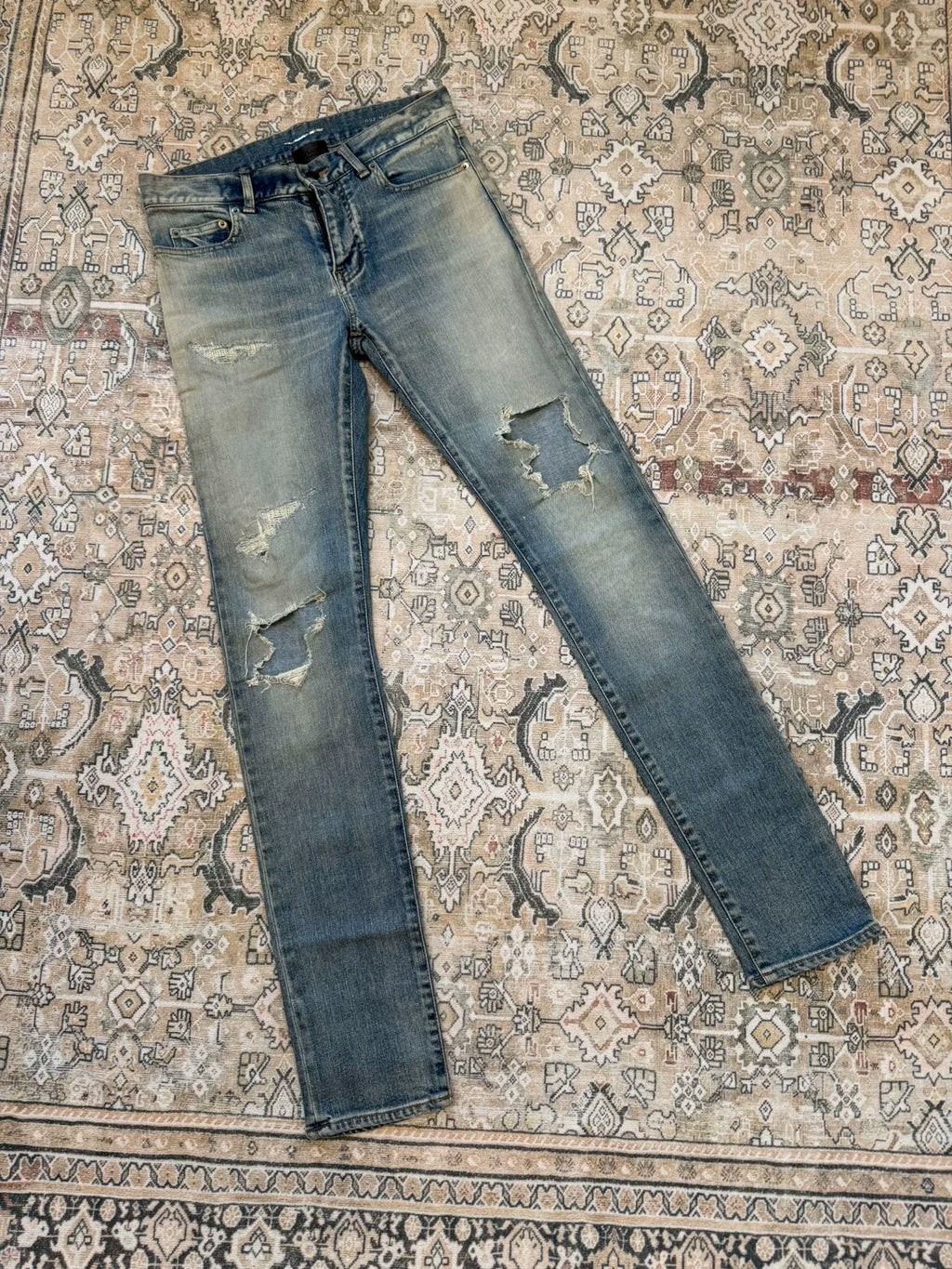 Saint Laurent Hedi era d02 heavily distressed patchwork jeans