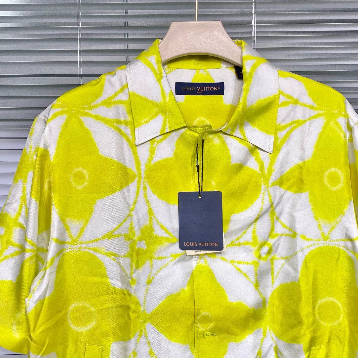 Louis Vuitton SS24 Short Sleeve Runway Silk Monogram Three-Flower Tie-Dye Button-Front Drawstring Yellow Shirt