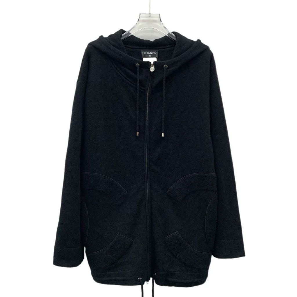 Chanel Black Goat Cashmere Hooded Drawstring Zip-Up Long-Sleeve Jacket