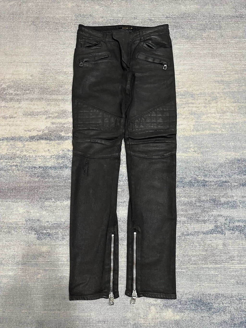 Balmain X Hm AW15 Waxed Black Wax Coated Biker Denim Distressed Pants