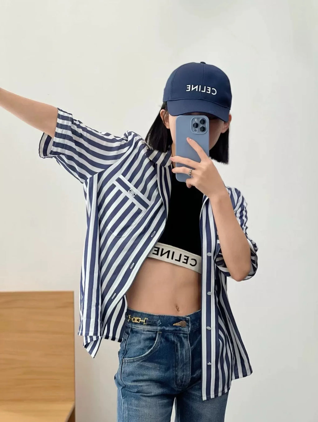 Celine Arc de Triomphe Logo Blue White Stripe Short Sleeve Shirt