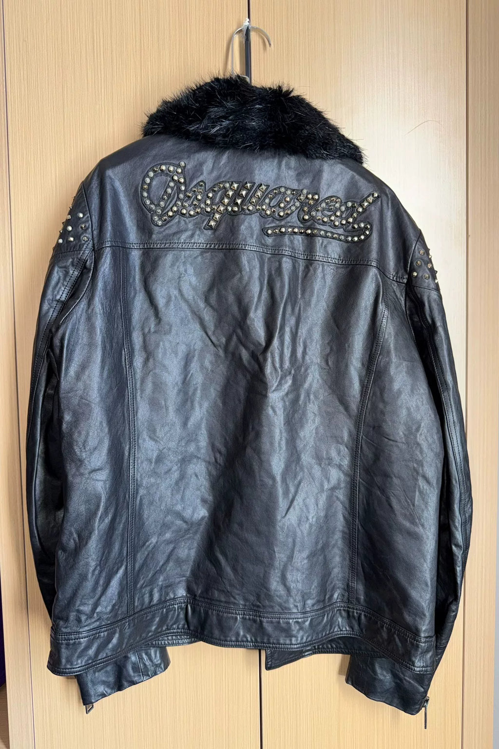DSQUARED2 Black Fur Collar Rivet Mohair Leather Jacket