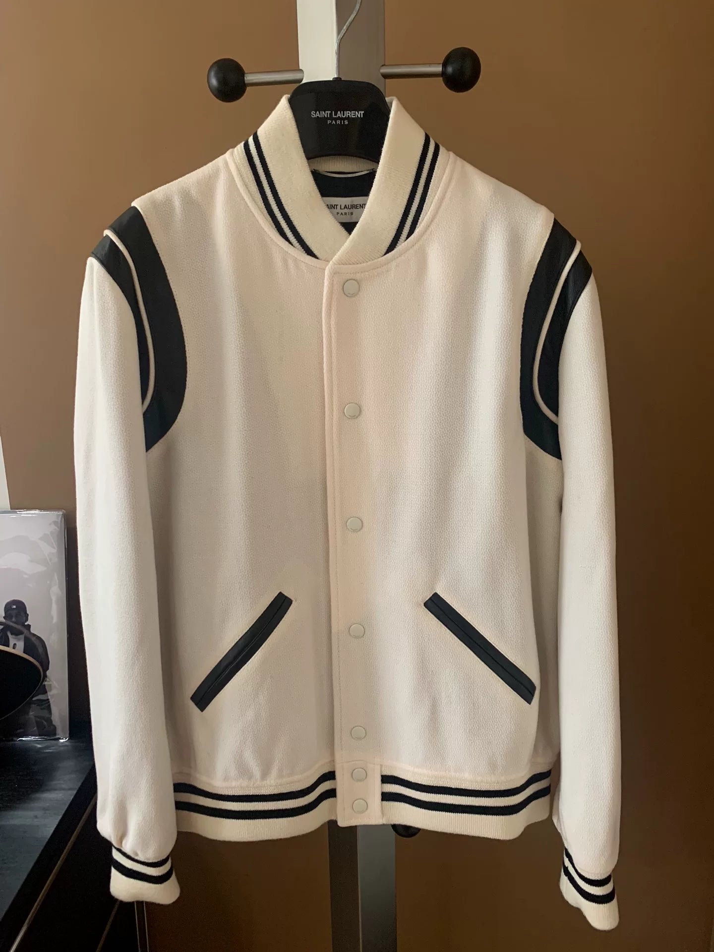 Saint Laurent 22FW White Wool Pieced Leather Teddy Jacket