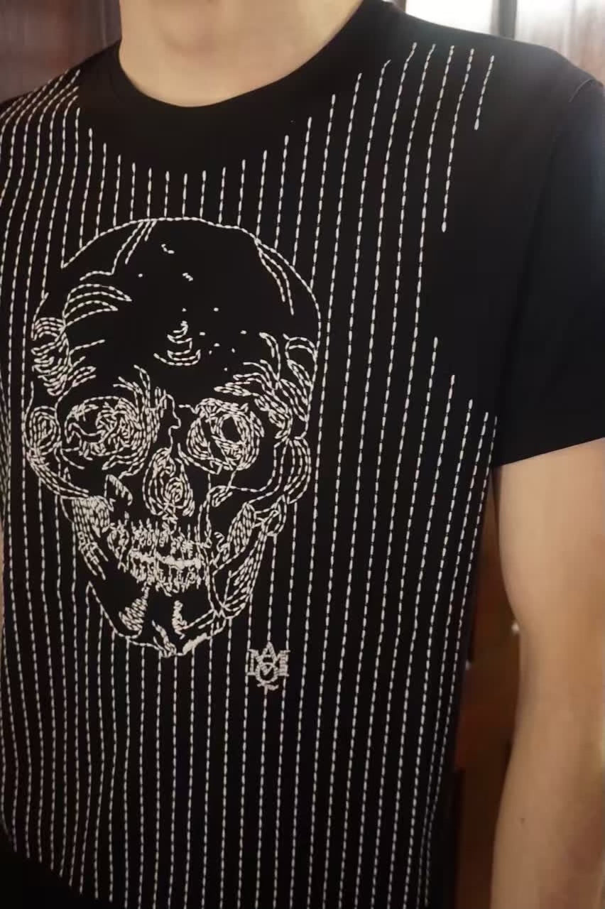 Alexander McQueen FW16 Striped Embroidered Skull Short Sleeve Cotton T-Shirt