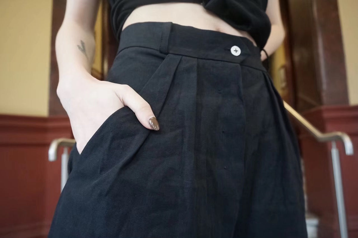 M.A+ SS16 Black Pleated Cotton Linen Trousers