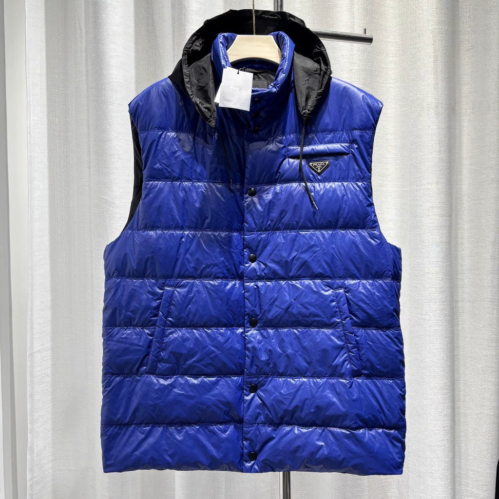 Prada Down Jacket Sleeveless Metallic Triangle Logo Stand Collar Navy Vest