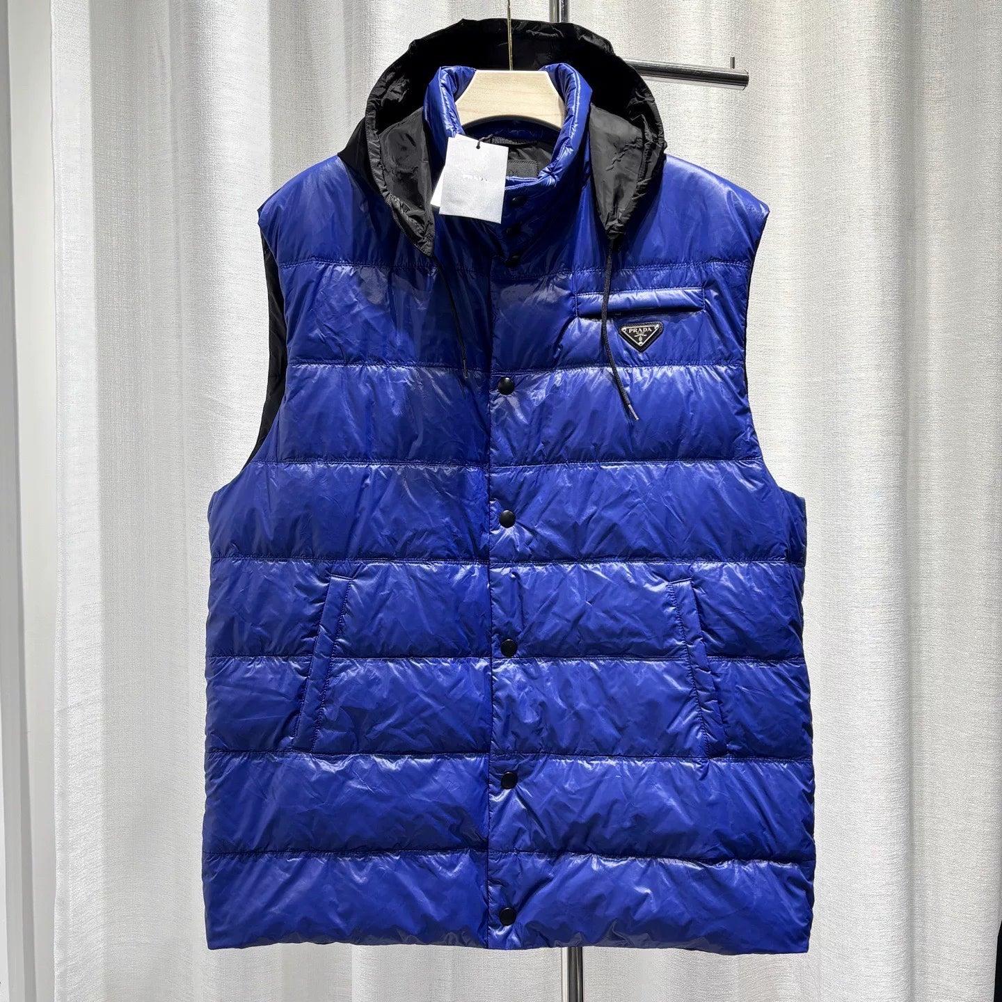 Prada Down Jacket Sleeveless Metallic Triangle Logo Stand Collar Navy Vest