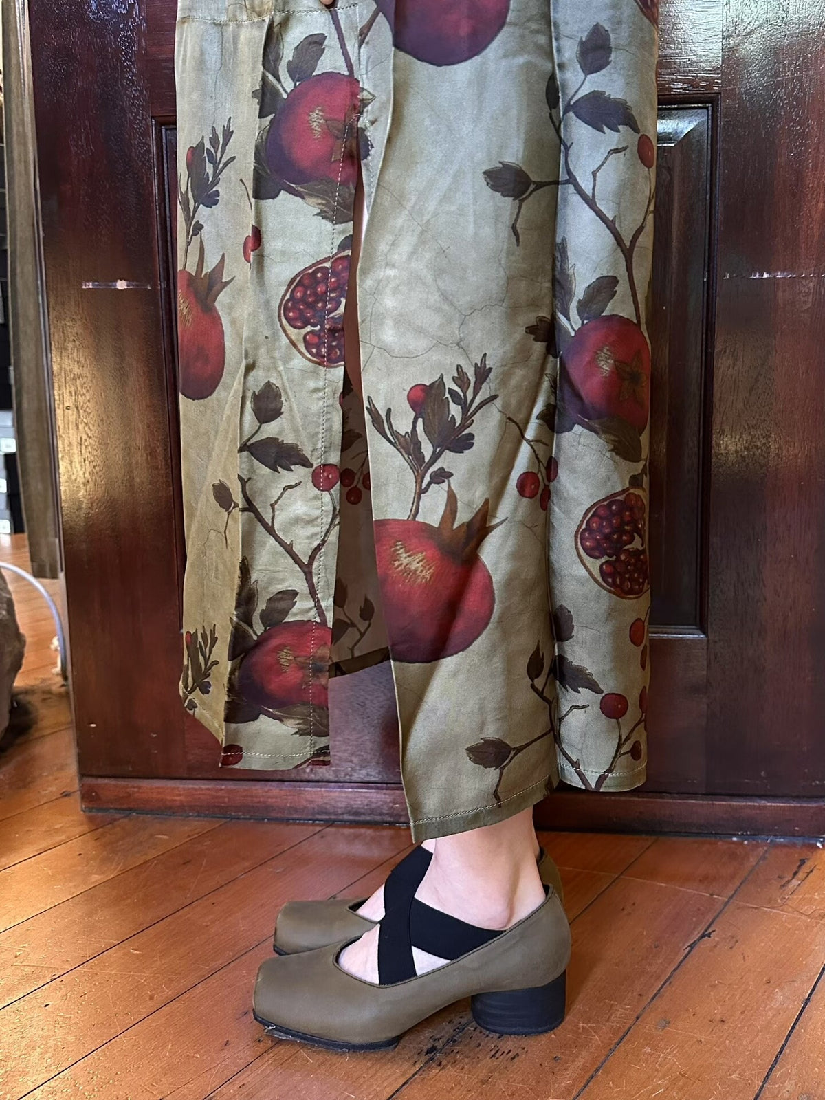 Uma Wang FW25 Pre Tan/Red/Green Agina Pomegranate Print Viscose/Cupro Dress