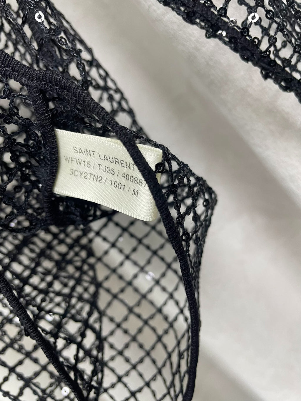 Saint Laurent FW15 Rhinestone Sequin Fishnet Black Top