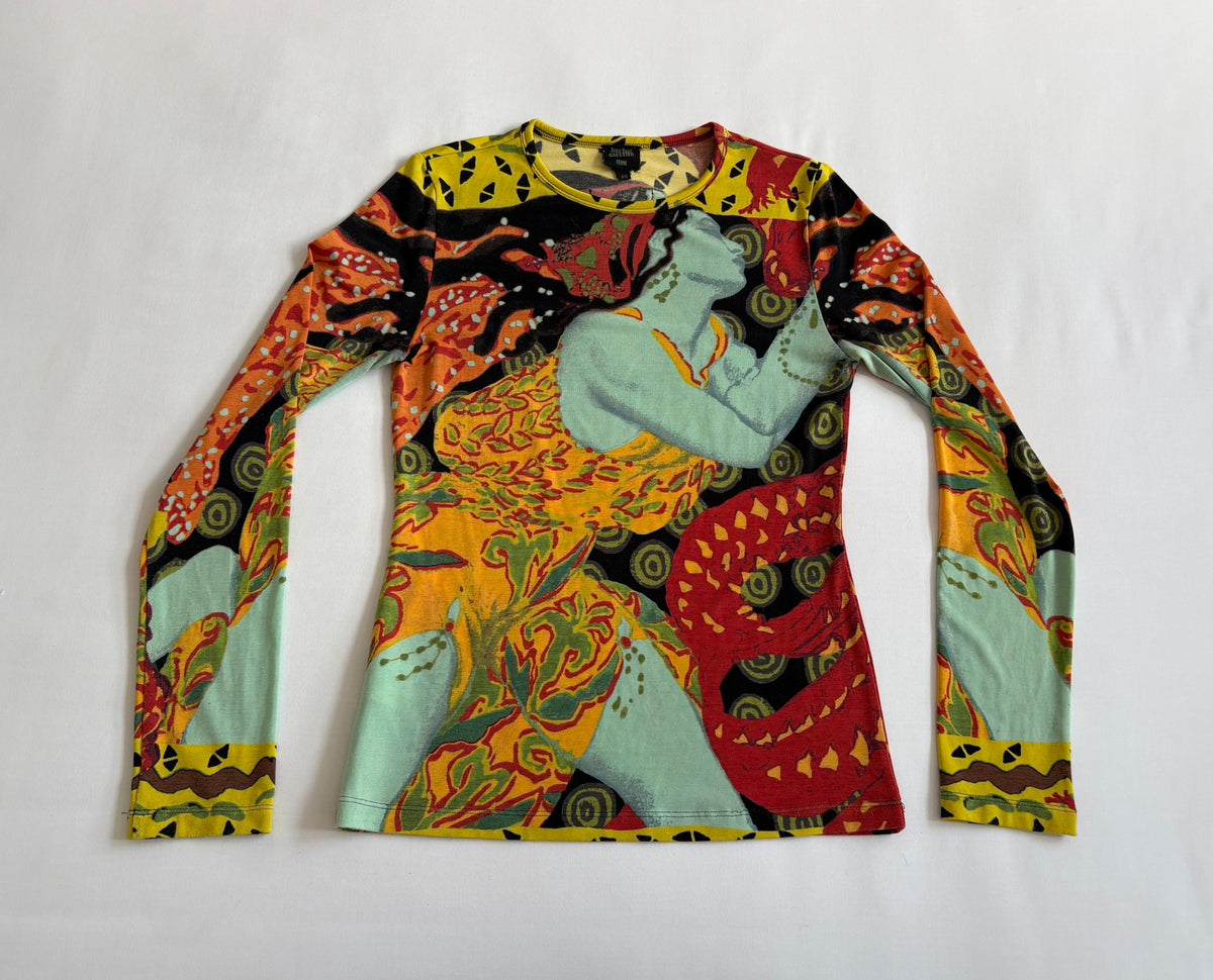Jean Paul Gaultier Vintage Slim Print Long Sleeve Portrait Silk Top
