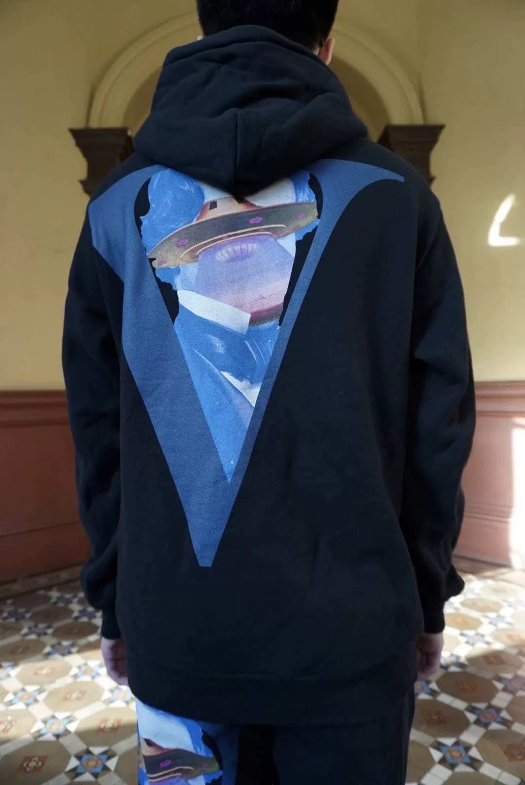Undercover × VALENTINO Time Traveler Print Hooded Cotton Sweater