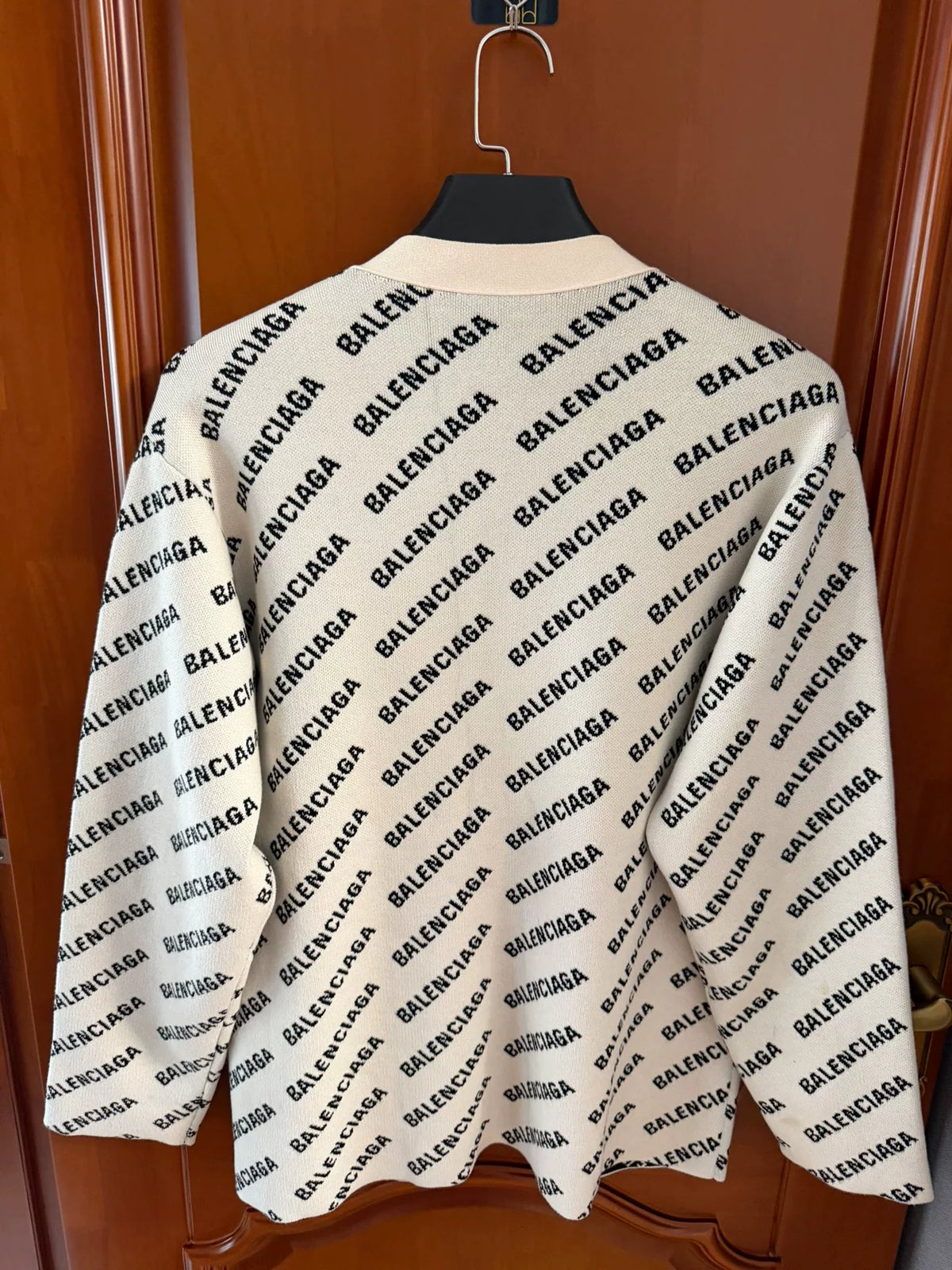 Balenciaga White All-Over Letter Print Wool Cardigan