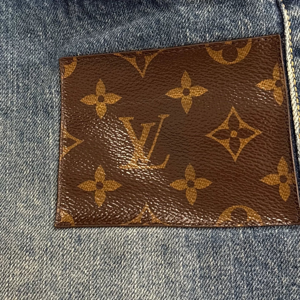 Louis Vuitton Blue Raw Edge Monogram Leather Patch Denim Shorts