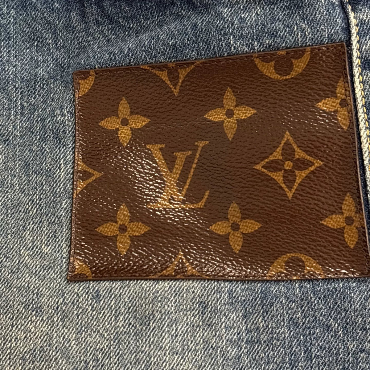 Louis Vuitton Blue Raw Edge Monogram Leather Patch Denim Shorts