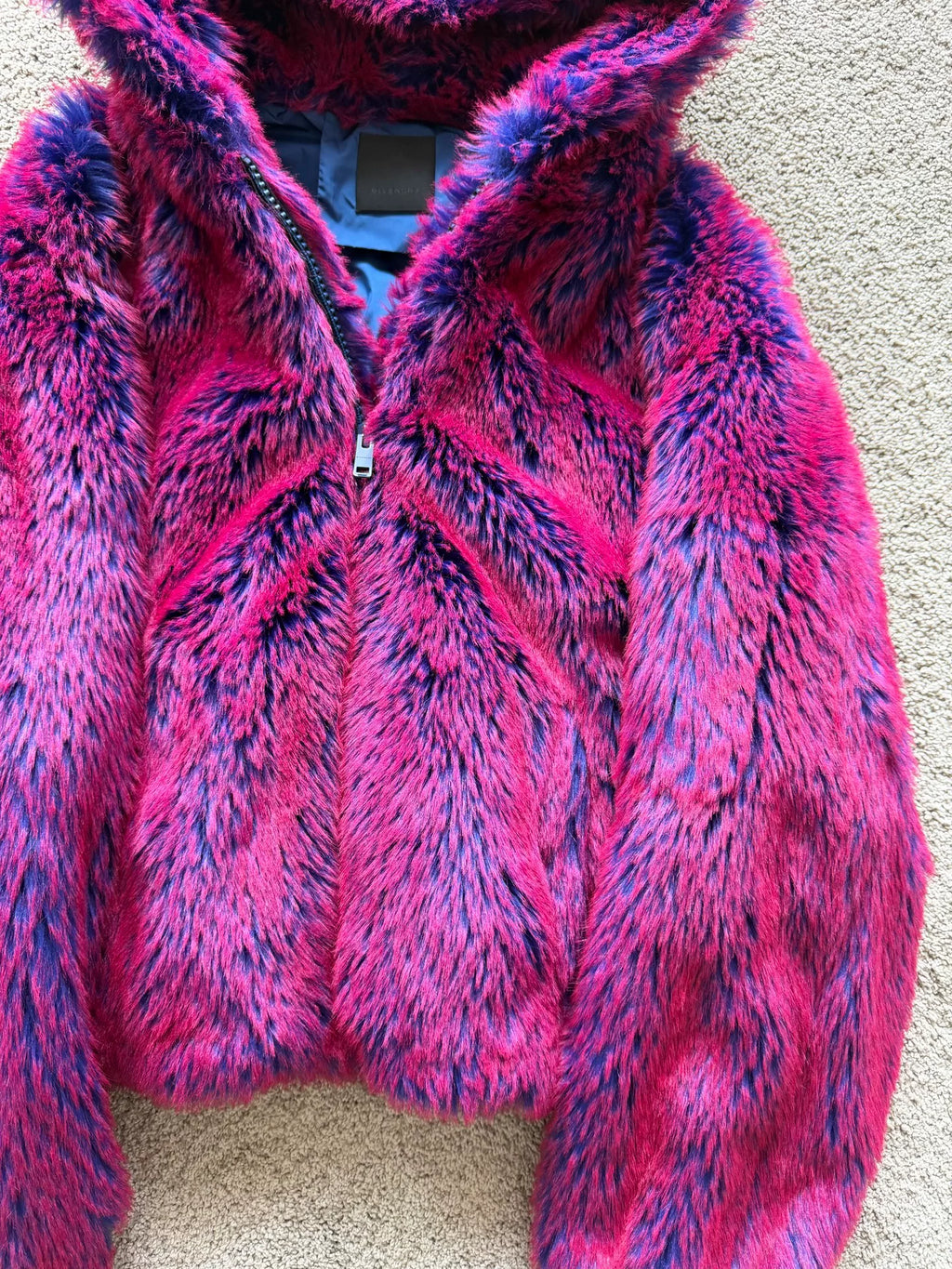 Givenchy FW23 Pink Blue Runway MMW Cropped Hooded Faux Fur Bomber Jacket