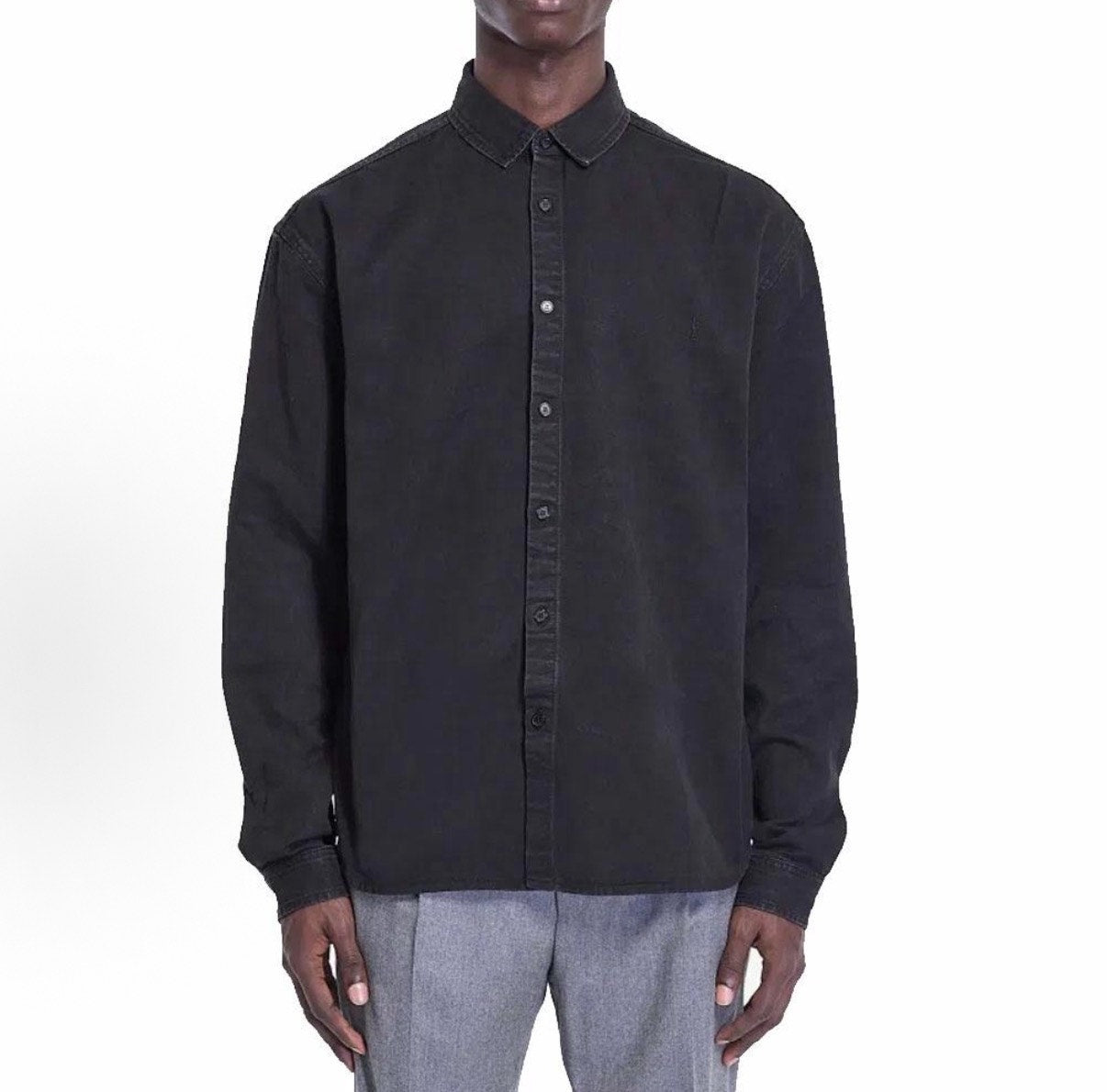 Saint Laurent Slp24fw Embroidered Logo Black Denim Shirt