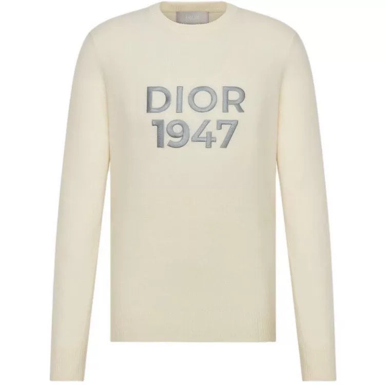 Dior Knit 1947 Embroidered Logo Wool Beige Long Sleeve Sweater