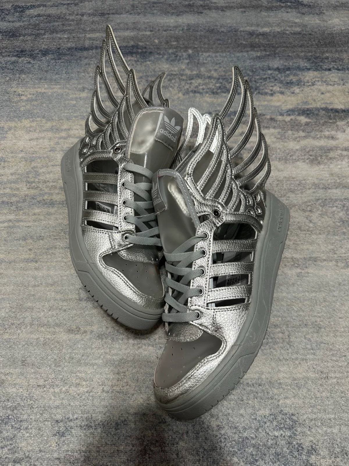 Adidas x Jeremy Scott Wings Silver Patent Leather Cutout Skeleton Wing Sneakers