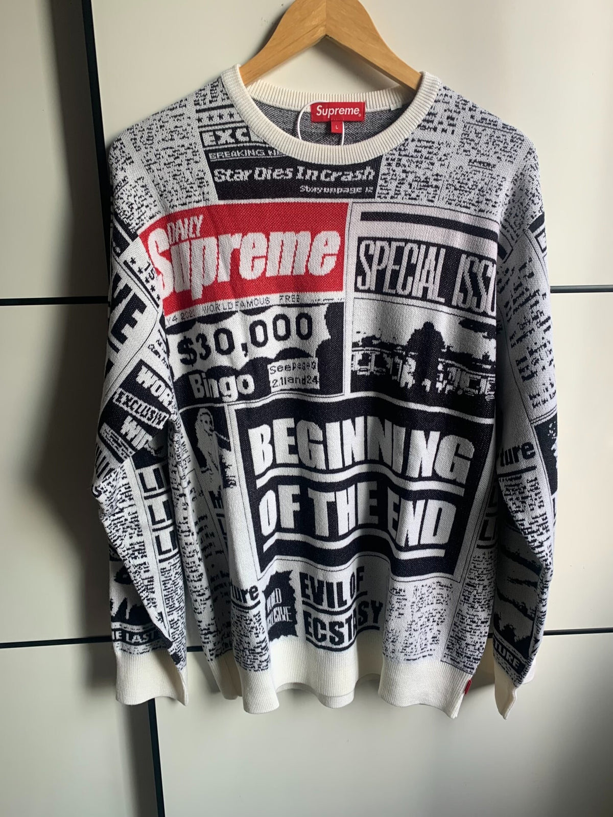 Supreme Black & White Newspaper Print Wool Viscose Sweater