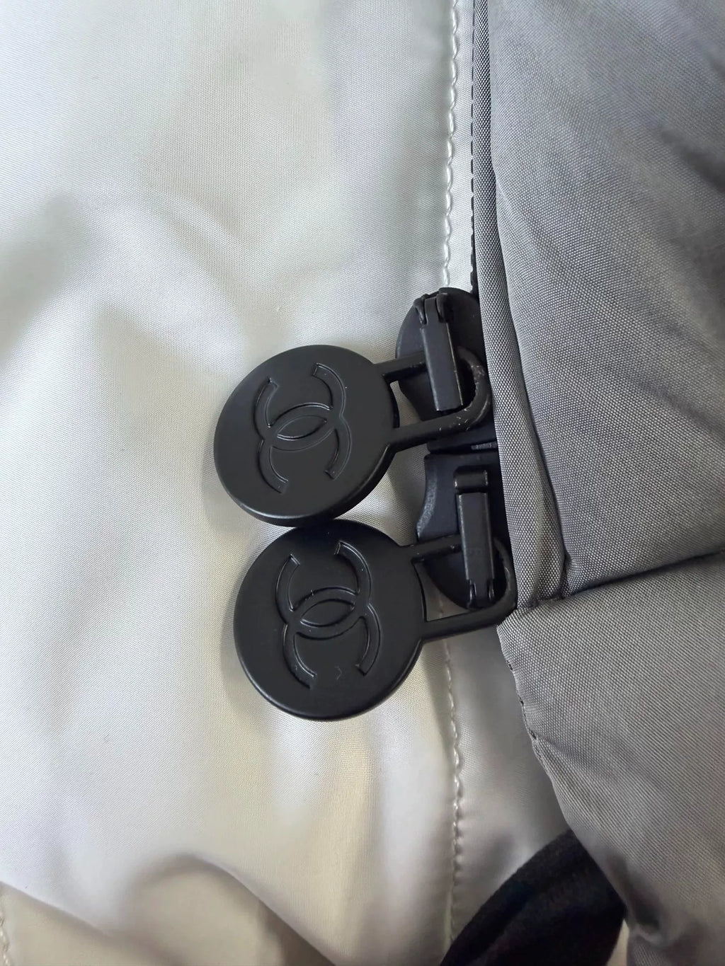 Chanel Silver Grey Letter Embossed Tied-Bow Nylon Down Jacket