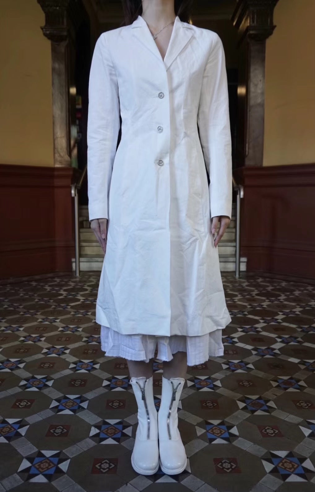 M.A+ SS19 White Three Planet Silver Buttons Cotton Linen Coat