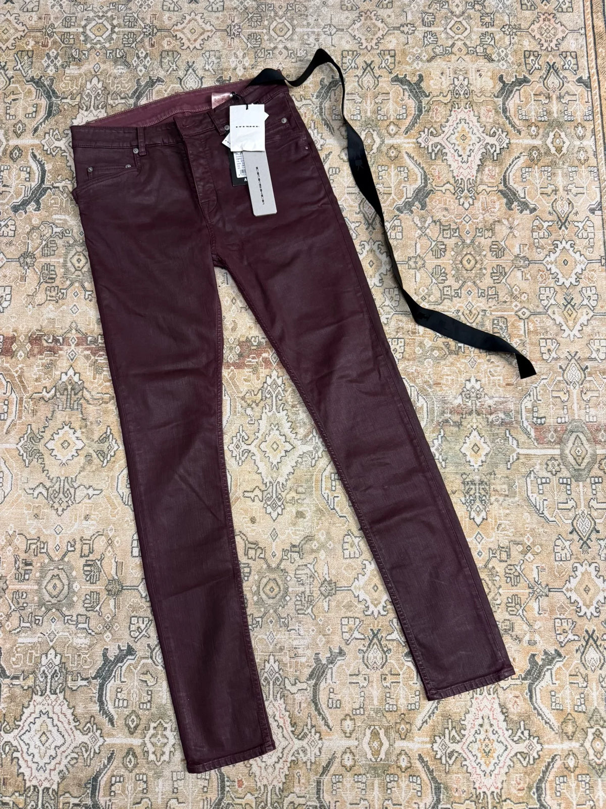 Rick Owens Burgundy Wet Wax Denim Jeans