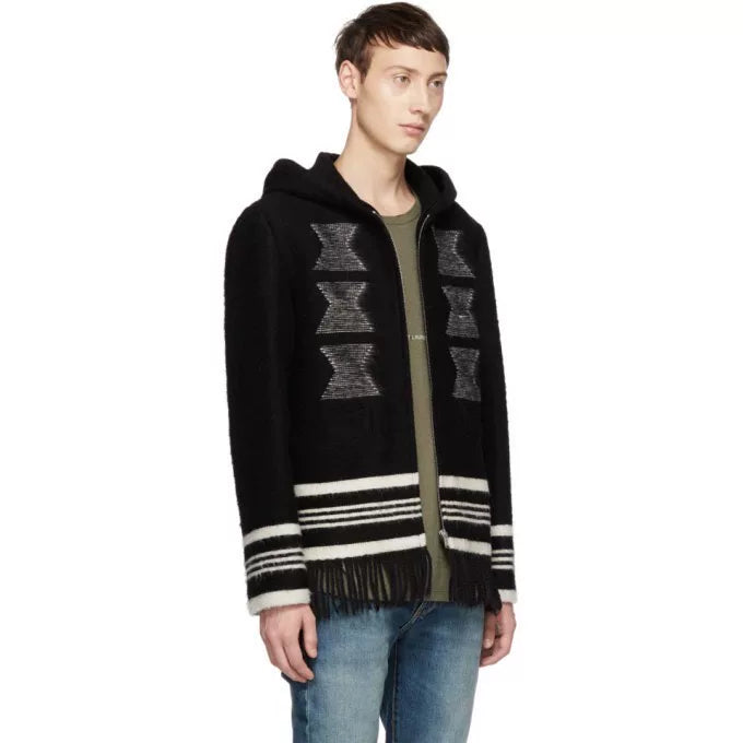 Saint Laurent Slp18fw Coat Black Alpaca Wool Fringe Hooded Jacket