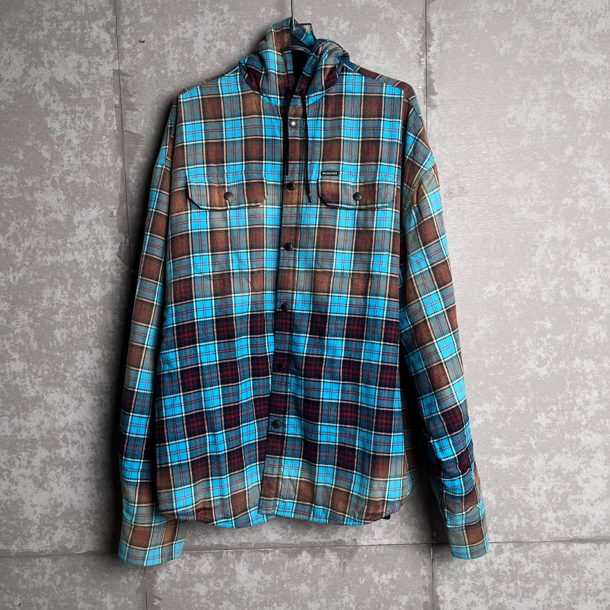 Balenciaga Unifit Mud-Dyed Plaid Hooded Shirt