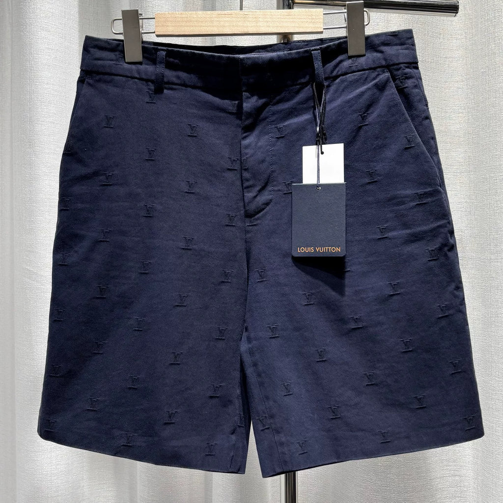 Louis Vuitton Casual All-Over Logo Print Embroidered Leather Patch Zip Straight-Leg Navy Shorts