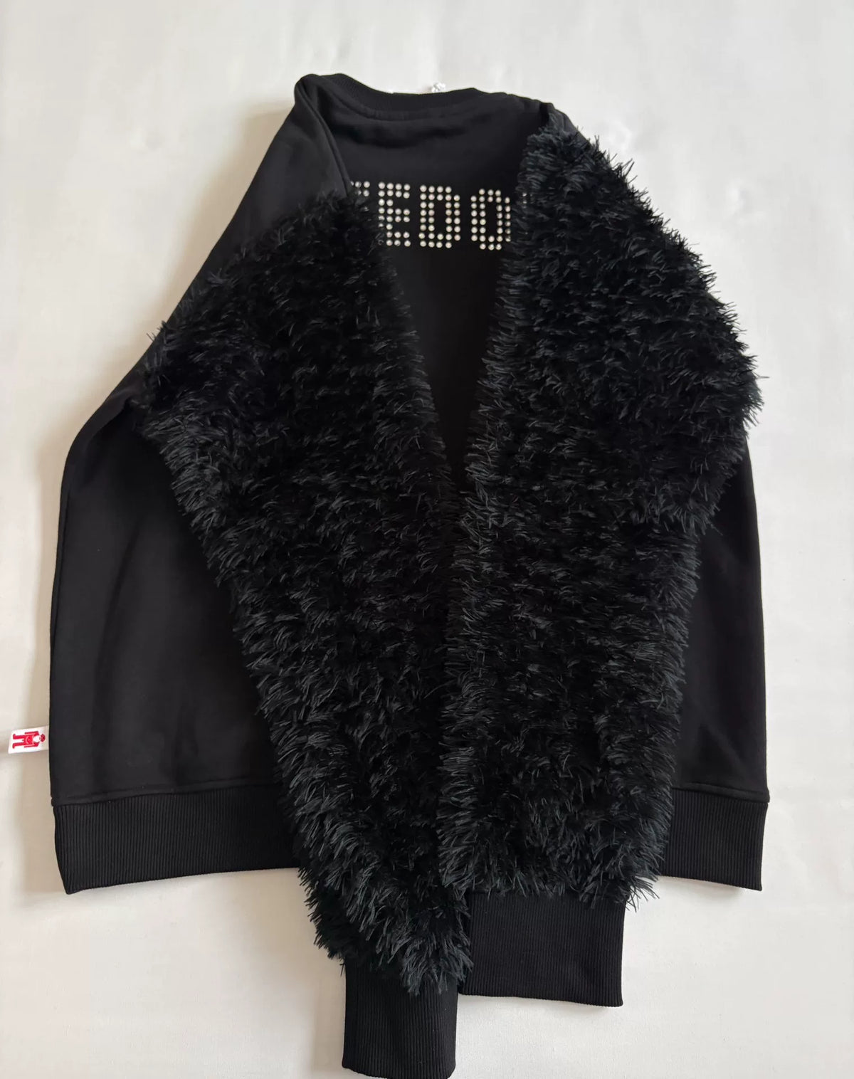 Walter Van Beirendonck fur patchwork rhinestone sweatshirt