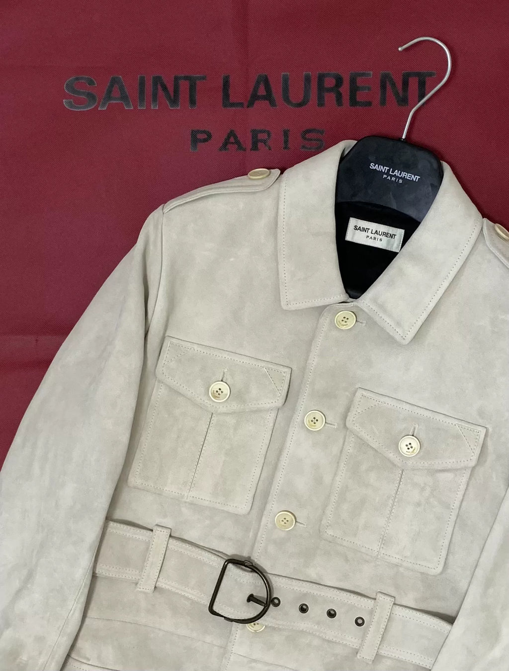 Saint Laurent 20SS Runway Off-White Pocket Suede Coat