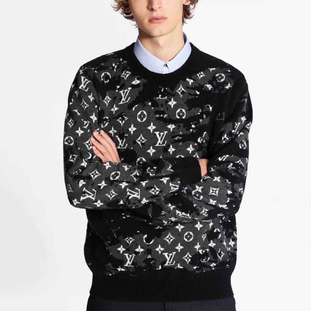 Louis Vuitton Knit Distressed Wool Monogram All-Over Logo Print Navy Sweater