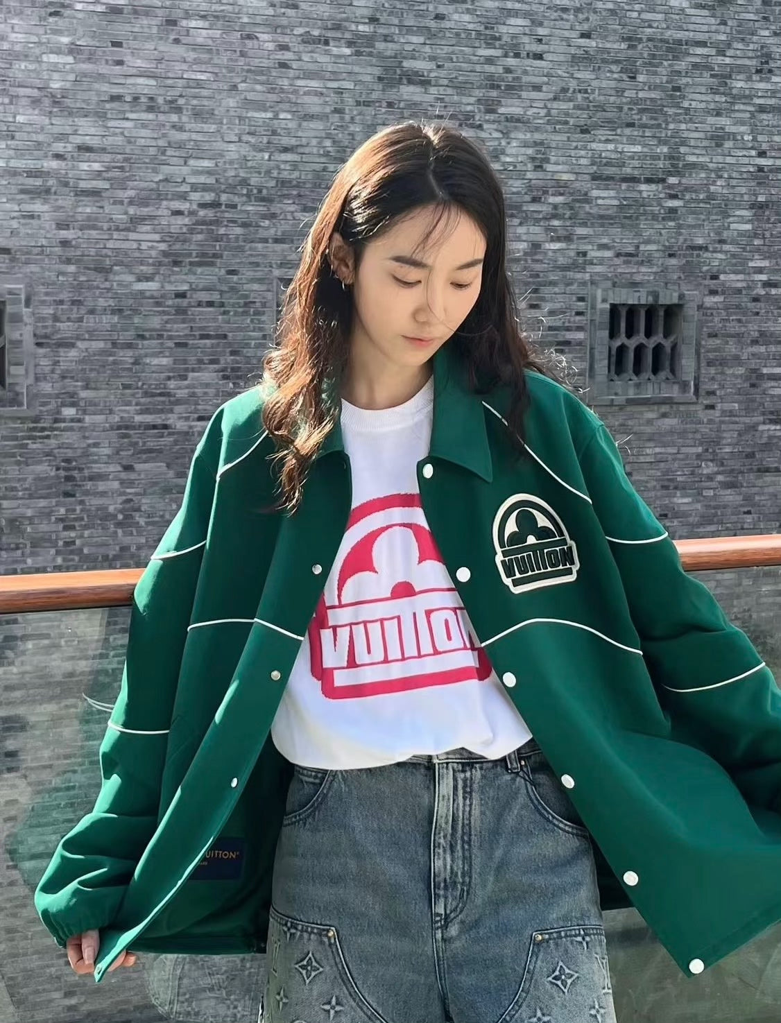Louis Vuitton Dark Green Three-Flower Embroidered Logo Jacket