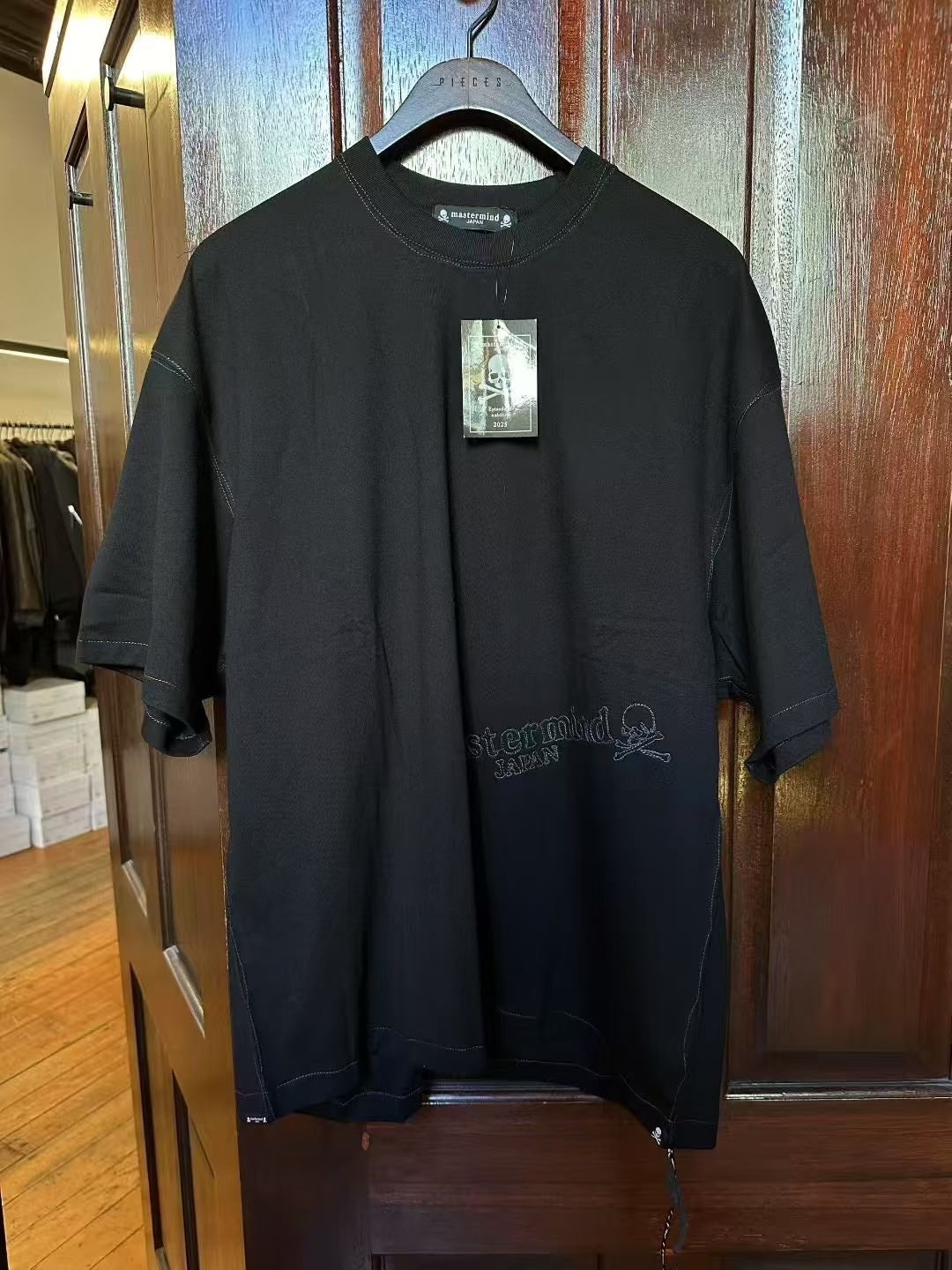 mastermind Japan FW25 Black Hand-Embroidered Logo Boxy Stitch Cotton Top